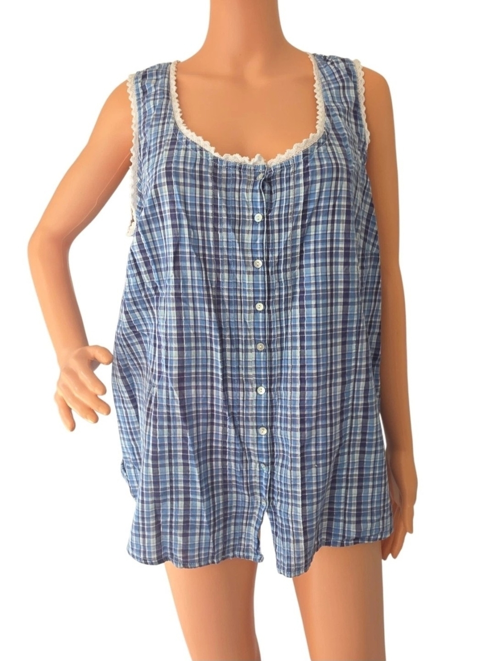 Avenue Perfect Plaid Women's Blue Plaid Sleeveless Prairie Blouse Lace 18/20 1X